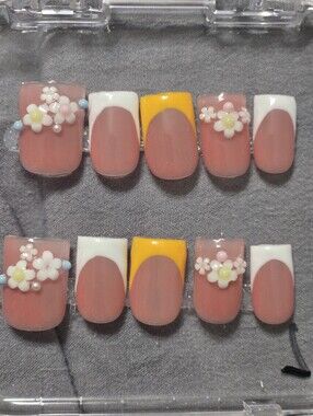 Handmade Pink Floral Press-On Nails with White & Yellow Accents